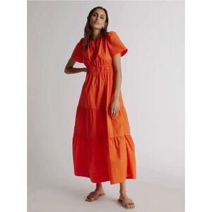 Quince Organic Cotton Tiered Maxi Dress Women's Small "Vermilion Red" Orange